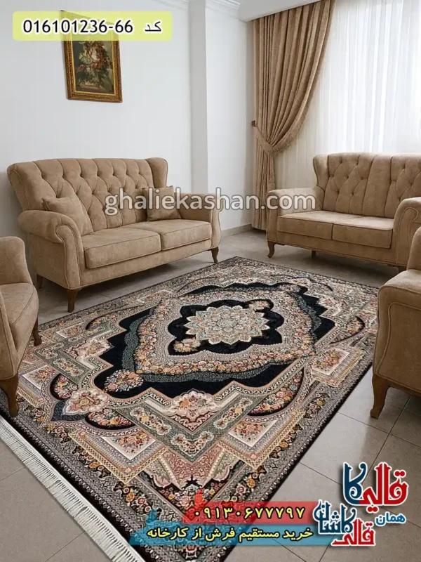 فرش 1200 شانه طرح باغ معلق رنگ سرمه ای کاشان دکوراسیون