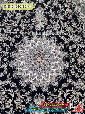 قیمت خرید فرش قالی کاشان فروش فرش ماشینی 1000 شانه طرح مه رز زمینه سرمه ای کاشان ترنج