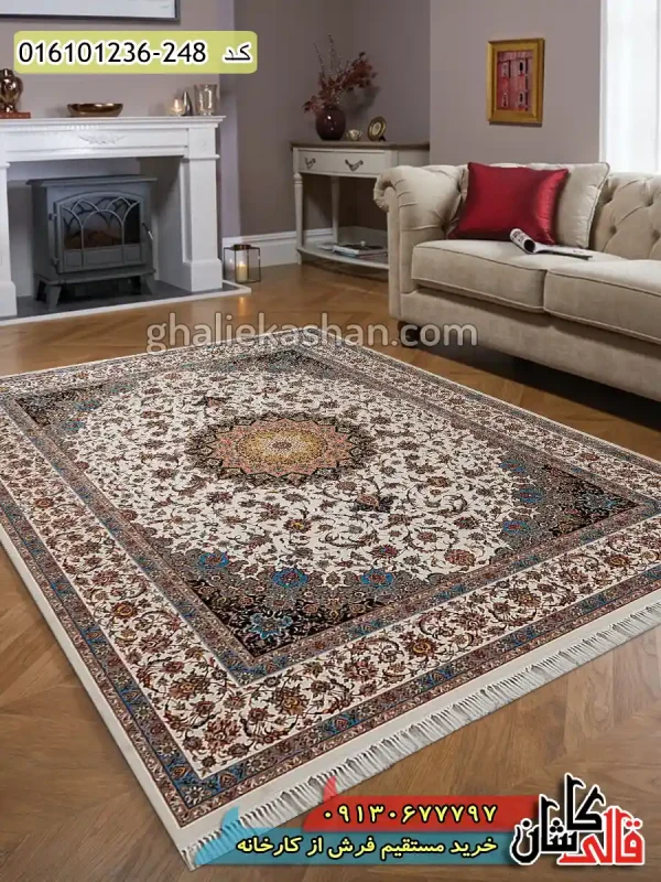 قیمت خرید فرش قالی کاشان فروش فرش ماشینی 1200 شانه طرح اصفهان زمینه کرم کاشان دکوراسیون