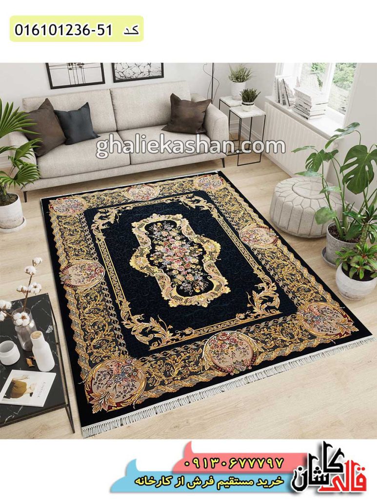 قیمت خرید فرش قالی کاشان فروش فرش ماشینی 1200 شانه طرح الیزه زمینه سرمه ای کاشان دکوراسیون