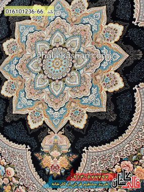 قیمت خرید فرش قالی کاشان فروش فرش ماشینی 1200 شانه طرح باغ معلق زمینه سرمه ای کاشان ترنج