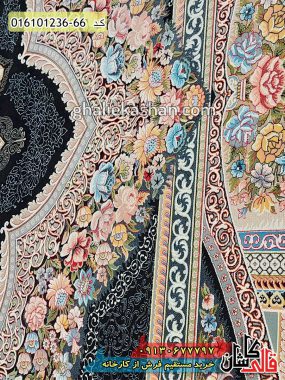 قیمت خرید فرش قالی کاشان فروش فرش ماشینی 1200 شانه طرح باغ معلق زمینه سرمه ای کاشان نزدیک