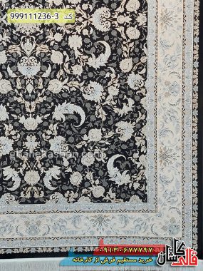 قیمت خرید فرش قالی کاشان فروش فرش ماشینی 1200 شانه طرح بهنوش زمینه سرمه ای کاشان گل برجسته حاشیه