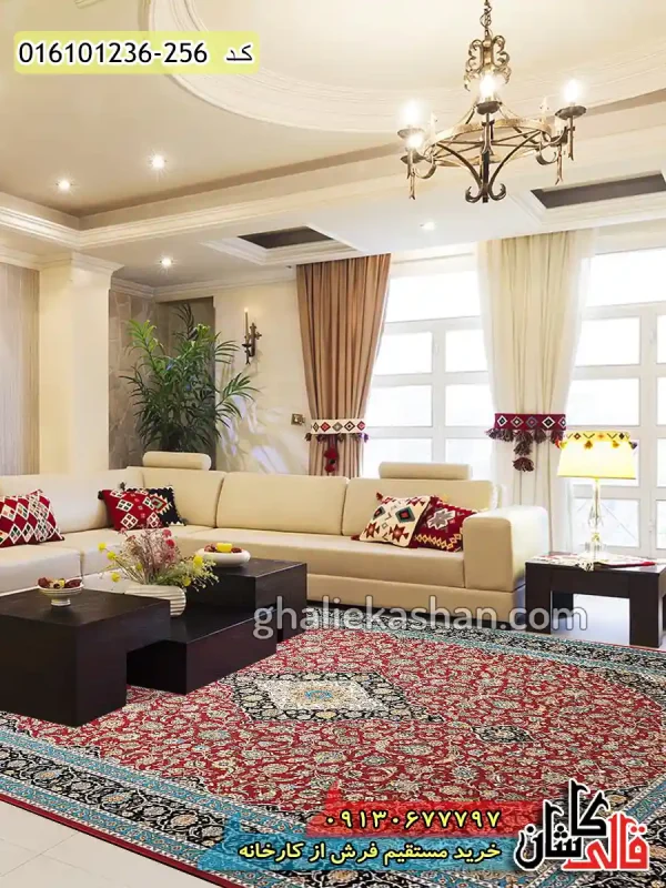 قیمت خرید فرش قالی کاشان فروش فرش ماشینی 1200 شانه طرح کاشان زمینه قرمز لاکی کاشان دکوراسیون