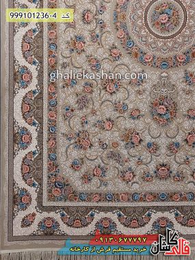 قیمت خرید فرش قالی کاشان فروش فرش ماشینی 1200 شانه طرح گل افشان زمینه نسکافه ای کاشان حاشیه