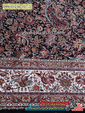 قیمت خرید فرش قالی کاشان فروش فرش ماشینی 1200 شانه طرح گل مرغ زمینه سرمه ای کاشان نزدیک