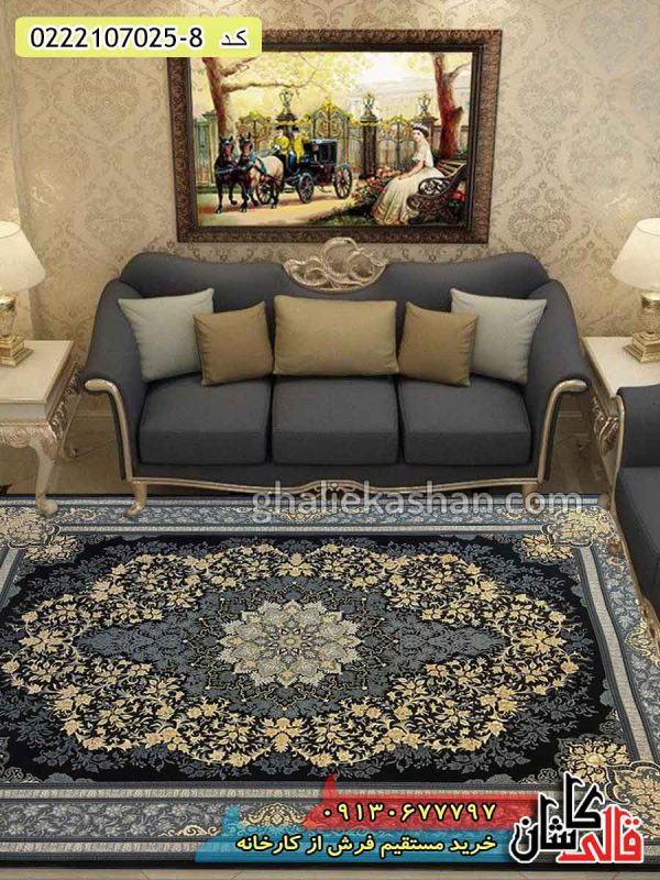 قیمت خرید فرش قالی کاشان فروش فرش ماشینی طلاکوب 700 شانه طرح تندیس زمینه سرمه ای کاشان دکوراسیون