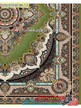 قیمت خرید فرش قالی کاشان فروش فرش ماشینی 1000 شانه طرح دیبا زمینه سبز کاشان حاشیه