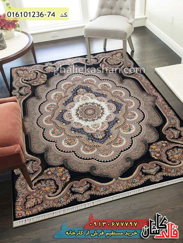 قیمت خرید فرش قالی کاشان فروش فرش ماشینی 1200 شانه طرح باغ ملک زمینه سرمه ای کاشان دکوراسیون
