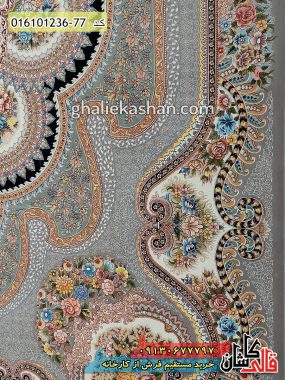 قیمت خرید فرش قالی کاشان فروش فرش ماشینی 1200 شانه طرح باغ ملک زمینه نقره ای کاشان نزدیک