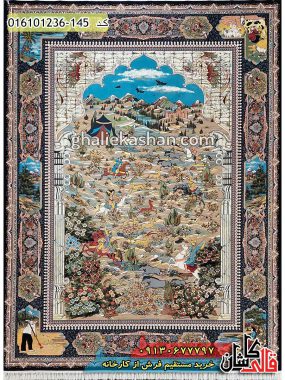 قیمت خرید فرش قالی کاشان فروش فرش ماشینی 1200 شانه طرح شکارگاه زمینه سرمه ای کاشان اصلی