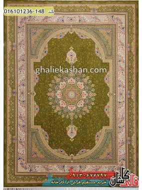 قیمت خرید فرش قالی کاشان فروش فرش ماشینی 1200 شانه طرح طاق بستان زمینه سبز کاشان اصلی