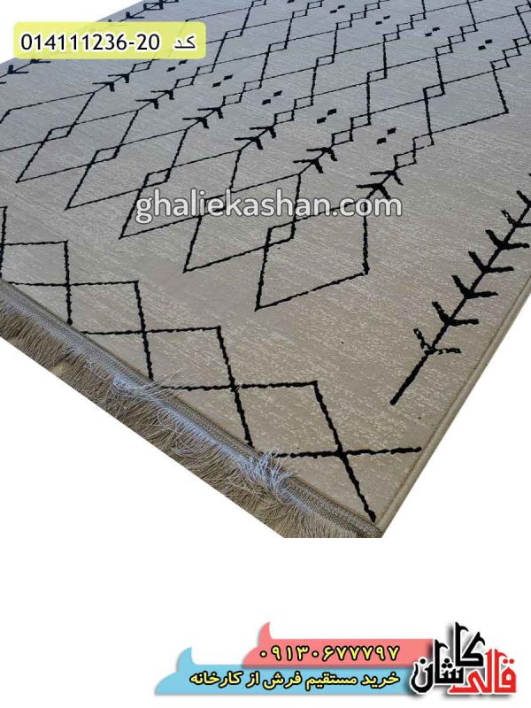 قیمت خرید فرش قالی کاشان فروش فرش ماشینی 1200 شانه طرح مراکشی لوزی بزرگ زمینه نقره ای کاشان گل برجسته اصلی