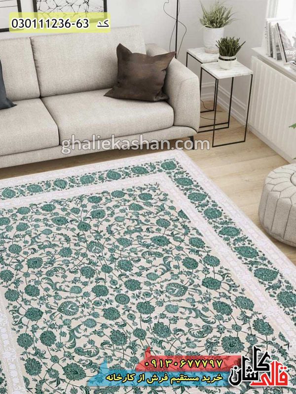 قیمت خرید فرش قالی کاشان فروش فرش ماشینی 1200 شانه طرح افشان لیانا سبز زمینه صدفی کاشان گل برجسته دکوراسیون