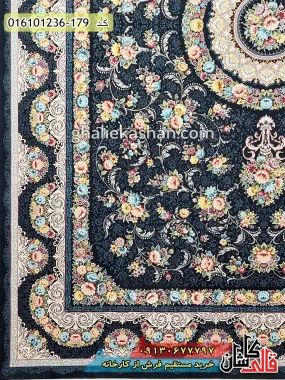 قیمت خرید فرش قالی کاشان فروش فرش ماشینی 1200 شانه طرح گل افشان زمینه سرمه ای کاشان حاشیه