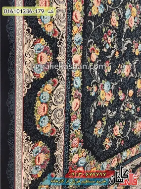 قیمت خرید فرش قالی کاشان فروش فرش ماشینی 1200 شانه طرح گل افشان زمینه سرمه ای کاشان نزدیک 2