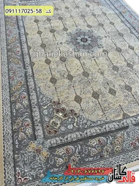 قیمت خرید فرش قالی کاشان فروش فرش ماشینی 700 شانه خشتی طرح ترنم زمینه بژ کاشان نزدیک