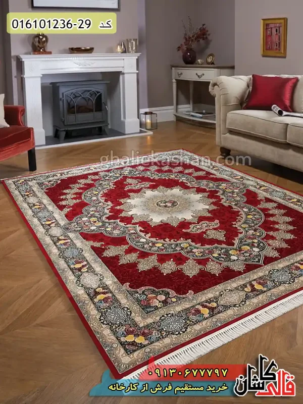 قیمت خرید فرش قالی کاشان فروش فرش ماشینی 1200 شانه طرح آروانا زمینه لاکی کاشان دکوراسیون