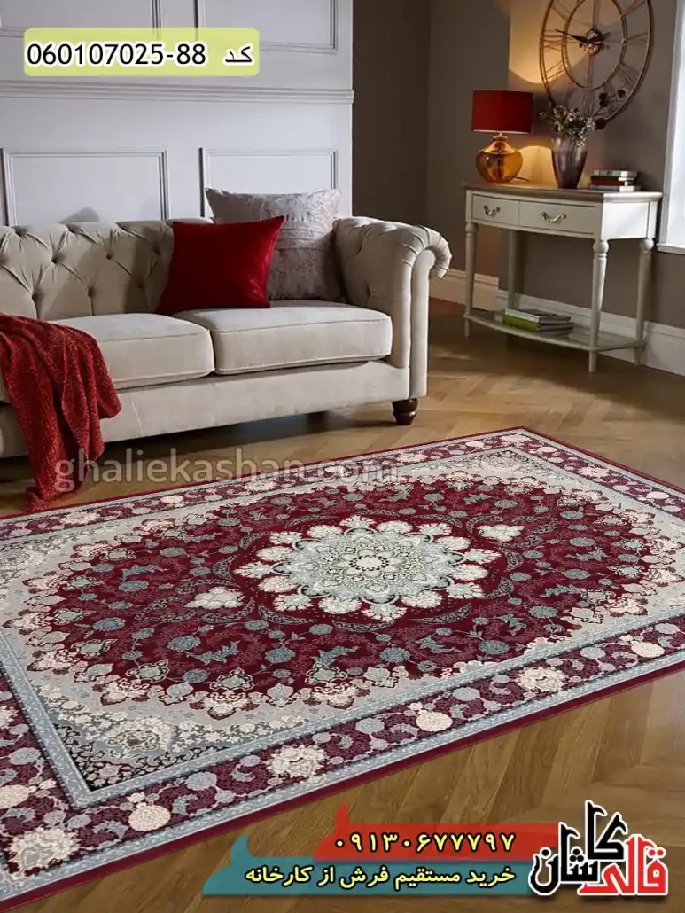 قیمت خرید فرش قالی کاشان فروش فرش ماشینی طلاکوب 700 شانه طرح گلرخ زمینه قرمز روناسی کاشان دکوراسیون