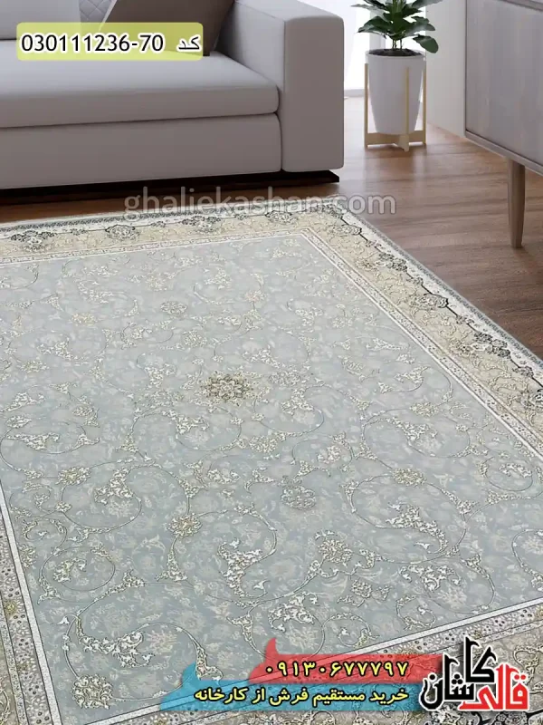 قیمت خرید فرش قالی کاشان فروش فرش ماشینی طلاکوب 1200 شانه طرح افشان اسلیمی زمینه طوسی نقره ای کاشان گل برجسته دکوراسیون