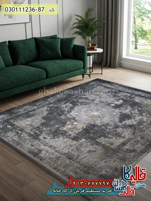 فرش 1200 شانه طرح نسترن زمینه دودی گل برجسته کاشان دکوراسیون