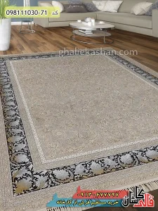 فرش ماشینی طلاکوب 1000 شانه طرح افشان نیلگون زمینه بژ کاشان گل برجسته دکوراسیون