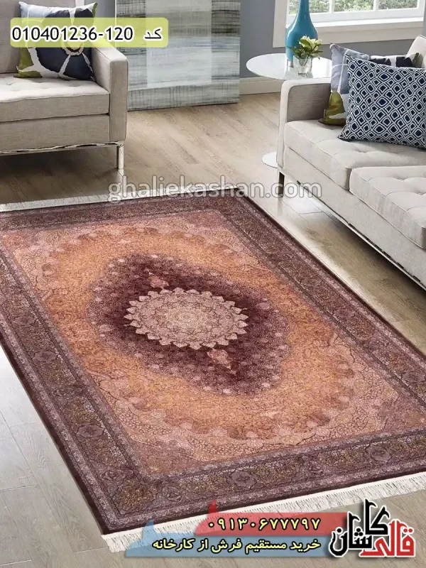فرش ماشینی طلاکوب وینتیج 1200 شانه طرح چلچراغ دستان زمینه قهوه ای کاشان دکوراسیون