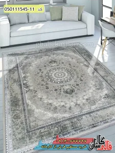 فرش ماشینی وینتیج 1500 شانه طرح دیبا زمینه صدفی سبز کاشان گل برجسته دکوراسیون