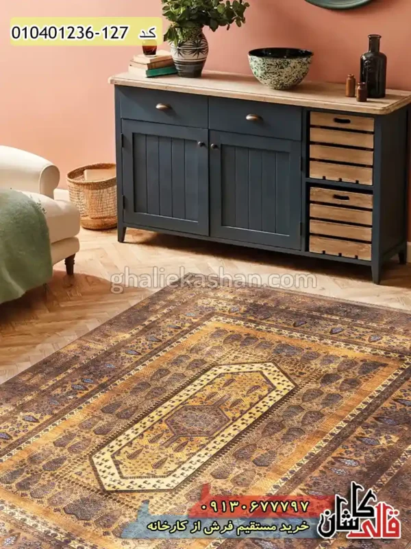 فرش ماشینی وینتیج 1200 شانه طرح باغ فین زمینه قهوه ای شکلاتی کاشان دکوراسیون