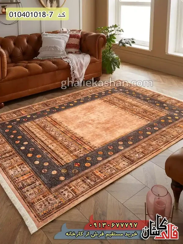 فرش ماشینی وینتیج مدرن 1000 شانه طرح قاب باستان زمینه قهوه ای کاشان دکوراسیون