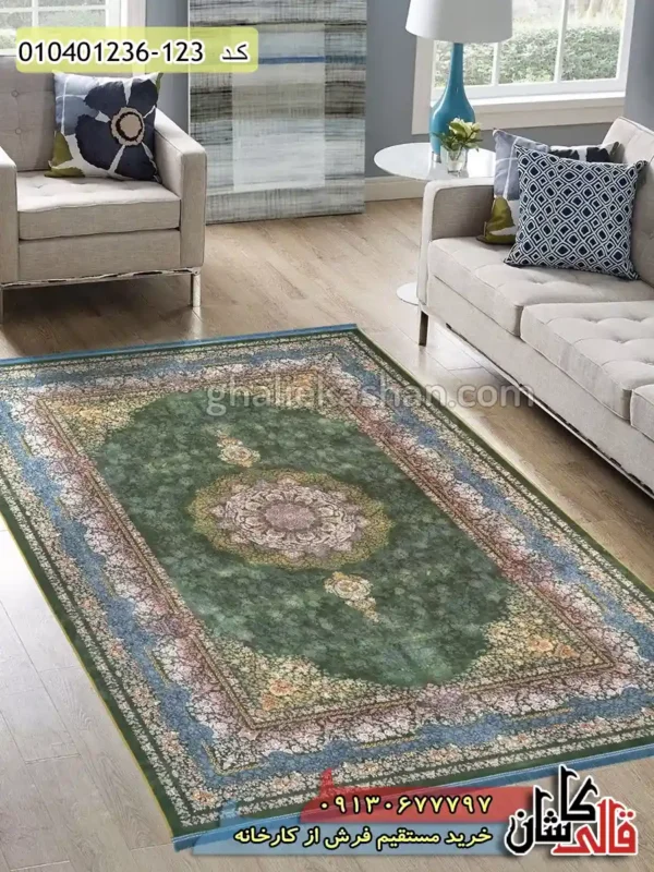 فرش ماشینی 1200 شانه طرح سحرگاهان زمینه سبز کاشان دکوراسیون
