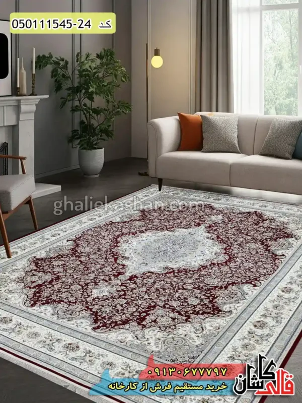فرش 1500 شانه طرح شهریار زمینه قرمز روناسی کاشان گل برجسته دکوراسیون