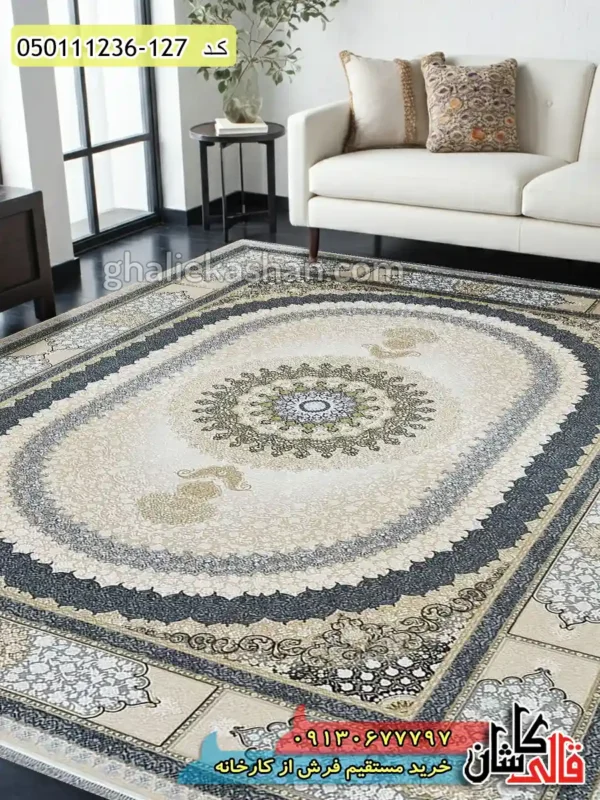 فرش ماشینی طلاکوب 1200 شانه طرح اوستا زمینه کرم کاشان گل برجسته دکوراسیون