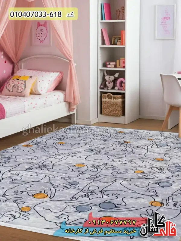 فرش ماشینی مدرن کودک 700 شانه طرح گربه های خط خطی زمینه طوسی کاشان دکوراسیون