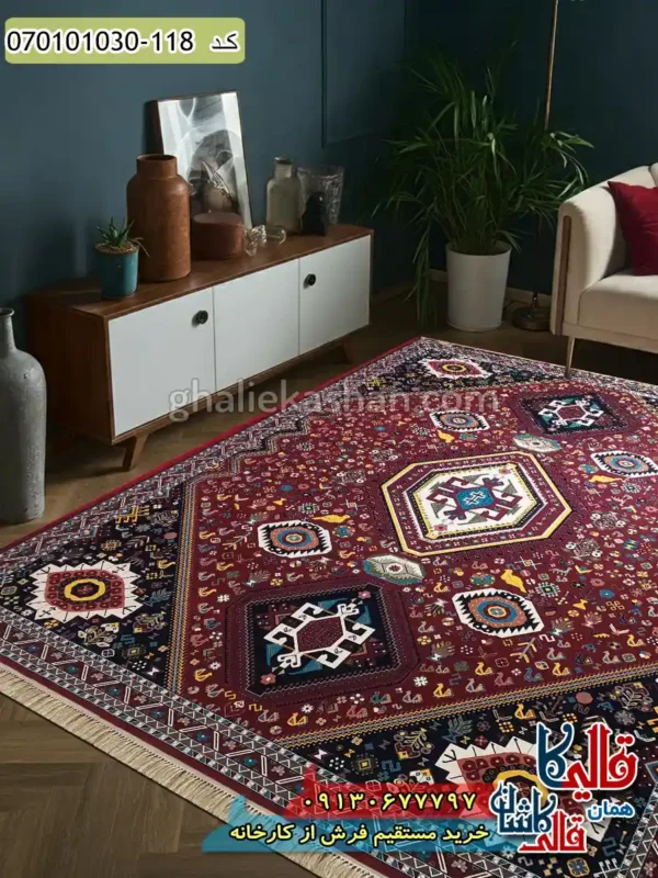 فرش 1000 شانه طرح شاهسون زمینه قرمز روناسی کاشان دکوراسیون