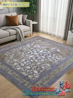 فرش طلاکوب وینتیج 1200 شانه طرح افشان آتوسا زمینه طوسی یاسی گل برجسته کاشان