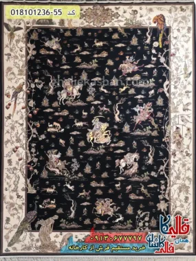 فرش 1200 شانه شکارگاه طرح شبدیز زمینه سرمه ای کاشان اصلی