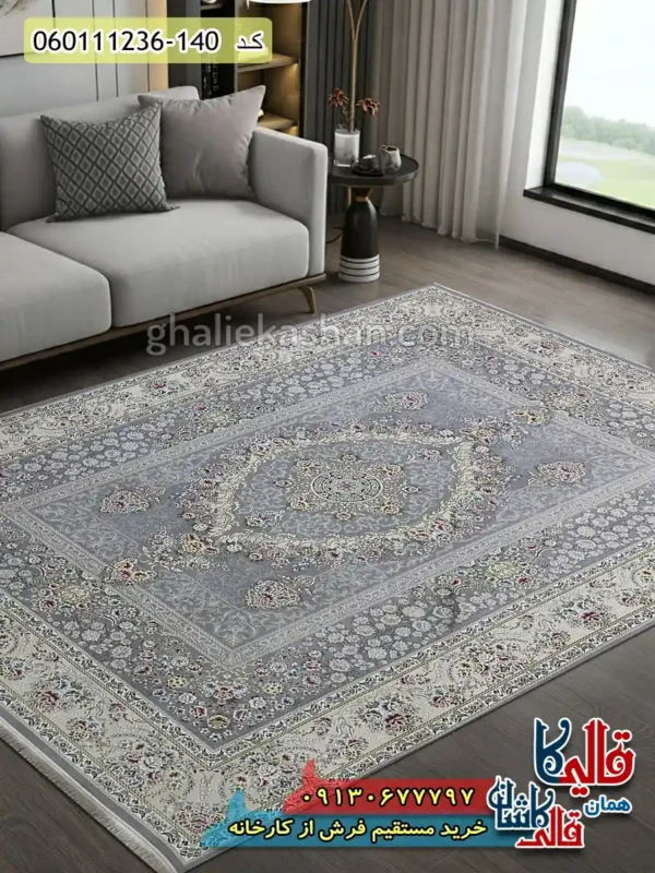 فرش 1200 شانه طرح نیکا زمینه طوسی نقره ای گل برجسته کاشان دکوراسیون