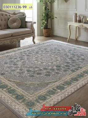 فرش طلاکوب 1200 شانه طرح سلنا زمینه فیلی سبز گل برجسته کاشان