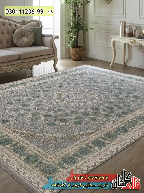 فرش طلاکوب 1200 شانه طرح سلنا زمینه فیلی سبز گل برجسته کاشان دکوراسیون