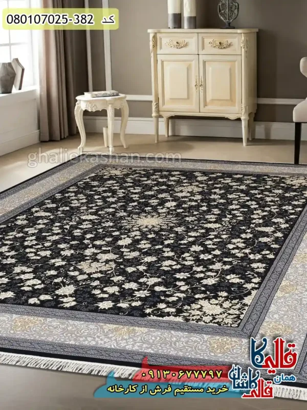 فرش طلاکوب 700 شانه طرح افشان تلما زمینه سرمه ای کاشان اصلی