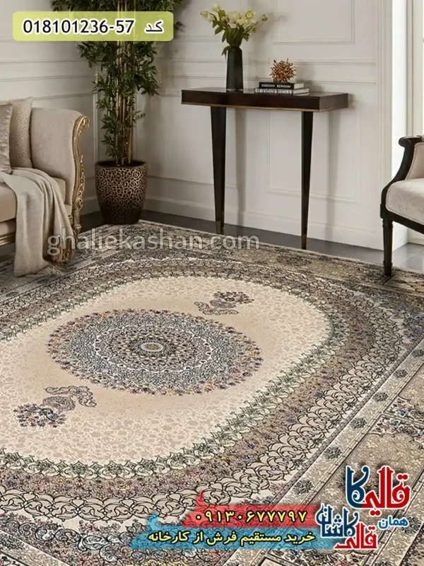 فرش 1200 شانه طرح صدرا زمینه بژ کاشان دکوراسیون