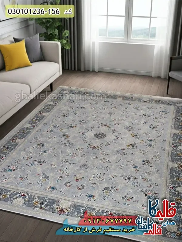 فرش طلاکوب 1200 شانه طرح افشان مهدیسا زمینه طوسی نقره ای کاشان دکوراسیون