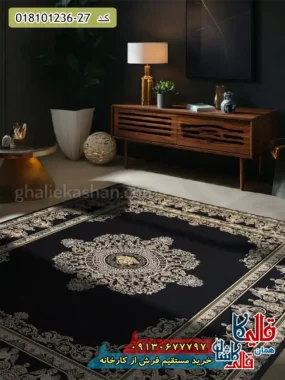فرش طلاکوب 1200 شانه طرح ورساچه آتنا زمینه سرمه ای کاشان