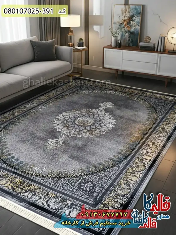 فرش وینتیج 700 شانه طرح همایون زمینه طوسی دودی کاشان دکوراسیون