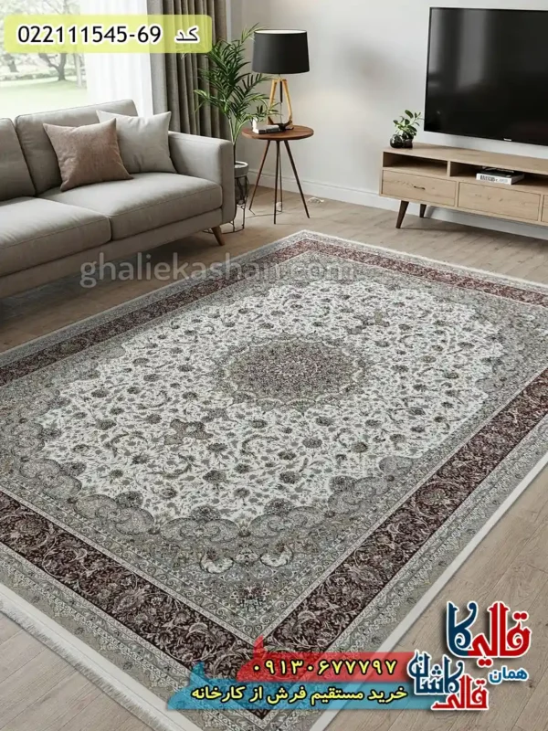 فرش 1500 شانه طرح فروغ زمینه کرم حاشیه گلبهی گل برجسته کاشان دکوراسیون