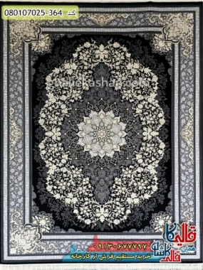 فرش طلاکوب 700 شانه طرح تندیس زمینه زغالی کاشان اصلی