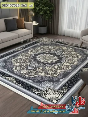 فرش طلاکوب 700 شانه طرح تندیس زمینه طوسی دودی کاشان