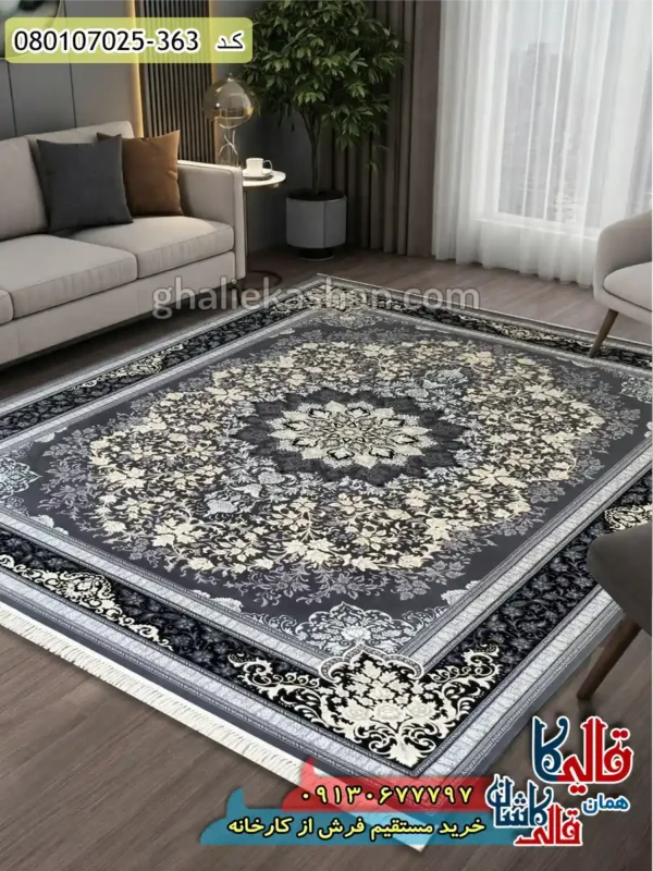 فرش طلاکوب 700 شانه طرح تندیس زمینه طوسی دودی کاشان دکوراسیون