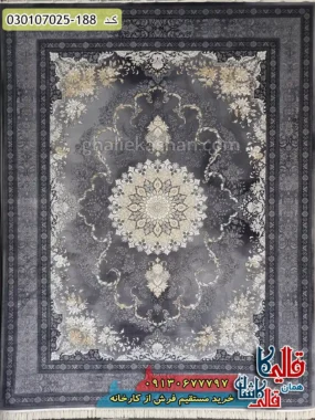 فرش طلاکوب 700 شانه طرح لادن زمینه طوسی دودی کاشان اصلی